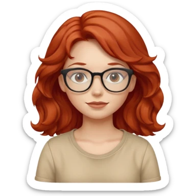 girl wear glasses, wavy red hair, beige shirt\ sticker