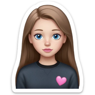 Create a teenage girl with LONG and straight light brunette hair, light skin, light freckles, and blue-grey eyes. She will have pink lips and long eyelashes. She will be wearing a black crewneck.  sticker