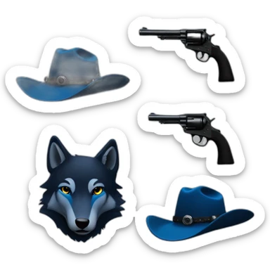 blue wolf. black cowboy hat, cowboy revolver sticker