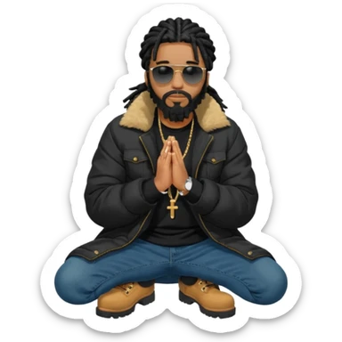 African American man with shoulder length black dreadlocks with black beard wearing black sunglasses wearing a black bubble winter coat  wearing denim skinny jeans and timberland boots praying on knees sticker