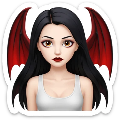 White woman with a white tank top long black hair glossy middle part straight long hair vampire look  brown eyes eyeliner winged with lashes top and bottom white border big lips black eyebrows sticker