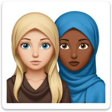 white girl with long blonde hair, blue eyes, tattoos, a septum nose piercing next to a dark skinned woman in a hijab with brown eyes sticker