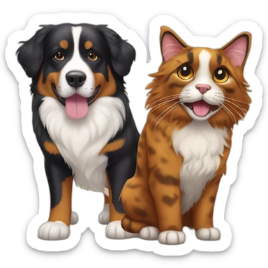 A Bernese dog next to A tortoiseshell cat without white sticker