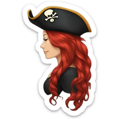 Woman long red hair hanging to one side in a platt, tattoo on side of head.  pirate hat. skull and crossbones t shirt sticker