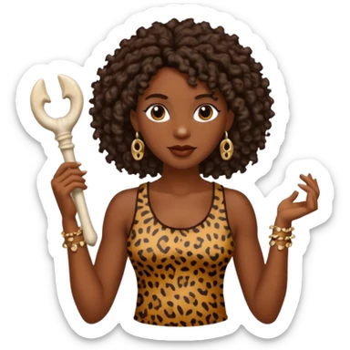 cavewoman with dark brown curly hair wearking animal print tank top and accessories sticker