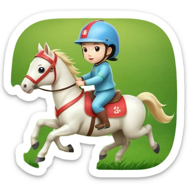 l little chinese baby riding on a  cute horse running really fast on the grass with 2026 year's label sticker