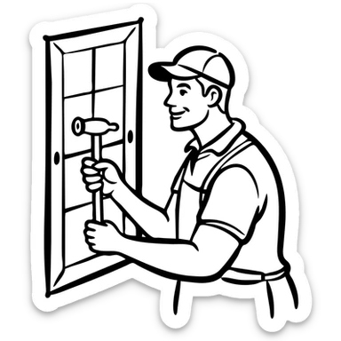 Window repair craftsman smiling while holding a small rubber mallet in his hand, looking at window he's fixing sticker