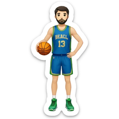 Full Body  white male basketball player with short shaggy dark hair and gold tee beard wearing blue and green uniform sticker