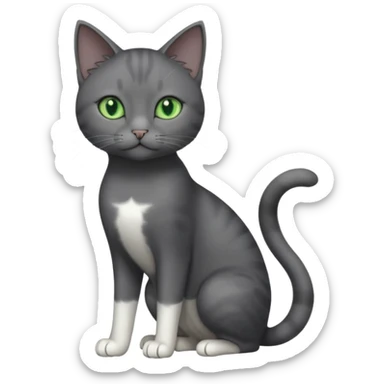 full body view of beautiful female solid dark grey cat with green eyes, grey face, white toes/paws and white patch on her chest sticker