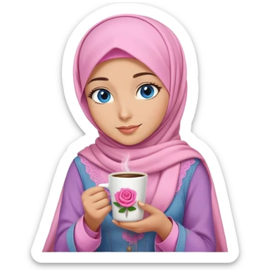 Turkish beautiful finish Konya girl blue eyes with pink and light purple denim hijab islamic dress and had on her hand Rose coffee   sticker