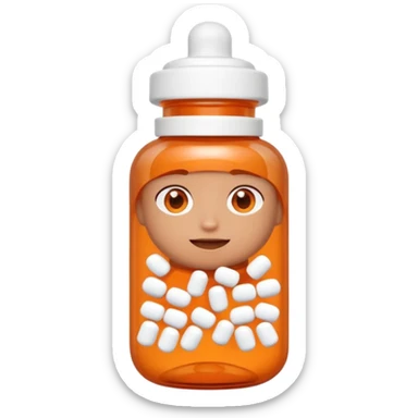 A 3D cartoon medicine bottle with orange transparent body and white cap, filled with pills, soft studio lighting, realistic Memoji-style. sticker
