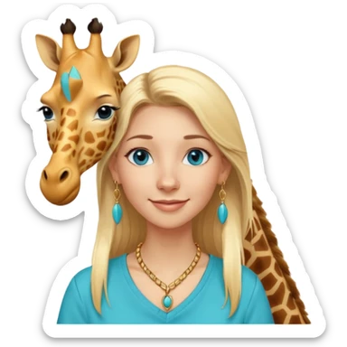 Swedish girl blonde long straigt hair blue eyes turqoise shirt gold earings, girrafe necklace gold small, very long lashes smiling closed mouth,  sticker