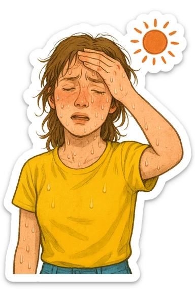 A woman suffering from heat exhaustion, sweating and showing a tired expression, summer atmosphere, face flushed and exhausted, slightly messy hair, wearing bright casual clothes, simple or transparent background sticker