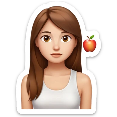A woman with a round face, long straight brown hair, and brown eyes, wearing a white tank top. The style should resemble the Apple emoji design, with a smooth, simple appearance and bright, clear features. sticker