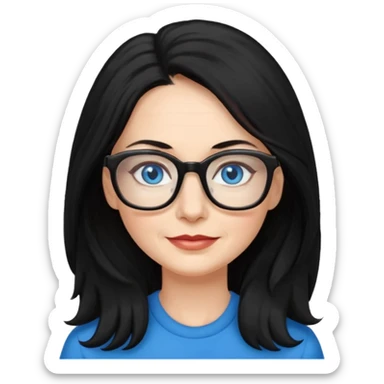 woman 50 years old, long and fluffy black hair, blue eyes, glasses sticker