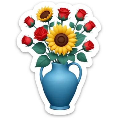 sunflowers and red roses bouquet in a ceramic blue vase, soft claymation realistic sticker