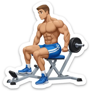 side-view bodybuilder in blue shorts seated weighted calf-raise machine on his tip toes sticker