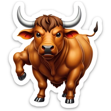 Cinematic Realistic depiction of a powerful Spanish charging bull, rendered with dynamic muscle definition and detailed, textured hide, set against a dramatic backdrop with intense, action-packed lighting sticker