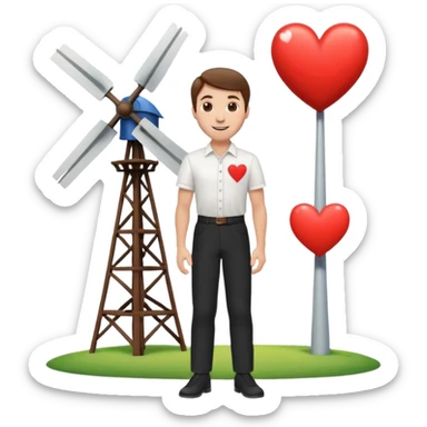a white man with brown hair and a white shirt and black pants standing next to a windmill with a heart  sticker