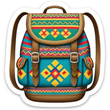 Cinematic Realistic image of a traditional Colombian mochila, rendered with detailed woven textures and vibrant patterns, set against a rustic backdrop with soft, cultural lighting sticker