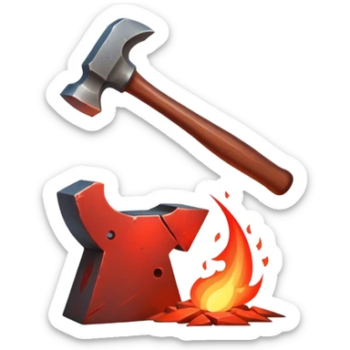 Blacksmithing icon, forged metal piece being shaped with hammer and anvil, glowing red-hot metal, blacksmith tools like tongs and chisel, sparks flying, minimalistic style, clean lines, transparent background. sticker