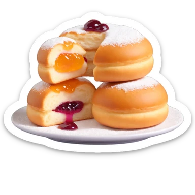 one Berliner Krapfen, round, golden-brown, no hole, thick layer of powdered sugar, jam filling peeking out sticker