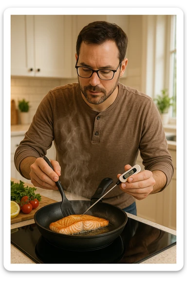 Uomo tra i 30 e i 45 anni in cucina moderna, concentrato mentre cucina un filetto di salmone fresco in padella. Si vede il vapore che sale, la superficie del salmone dorata e ben cotta. L’uomo usa utensili puliti, termometro da cucina nella mano sinistra per controllare la temperatura interna. Sullo sfondo, atmosfera luminosa e pulita, messaggio visivo implicito di sicurezza alimentare e buona pratica. Stile realistico e rassicurante, colori caldi e tono domestico. sticker
