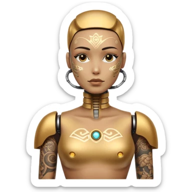 gold Tatooed robot with rada, big many tatooes on chest, neck and face, white tatoo on face sticker