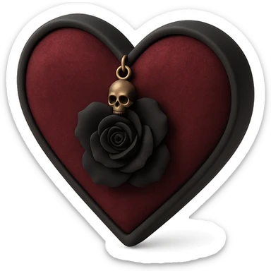 gothic heart in 3D black style, dark crimson velvet texture, silver skull charm, black rose center, lush and gothic sticker