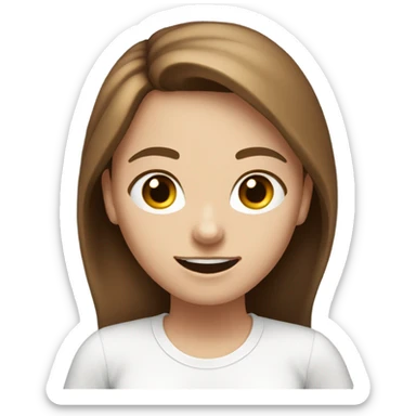 a white girl with brown hair wairing white t shert exprition happy sticker