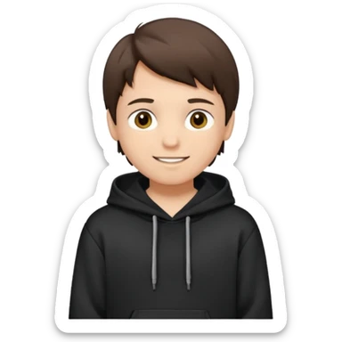 A brunette boy, short straight hair, light brown eyes, with a black sweatshirt with a hoodie, and smile  sticker