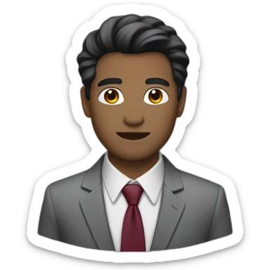 black hair, grey suit, maroon shirt sticker