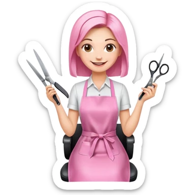 happy woman client in pink apron sitting in salon chair, female hairstylist smiling behind her with scissors sticker