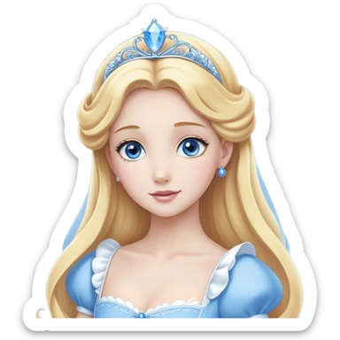 Cinematic Elegant Cinderella Portrait Emoji, Graceful and poised in her classic maid attire, golden locks cascading softly, bright blue eyes full of hope, a gentle glow of kindness and determination, delicate and humble yet undeniably beautiful, evoking the moment before her magical transformation, pure enchantment in her gaze! sticker