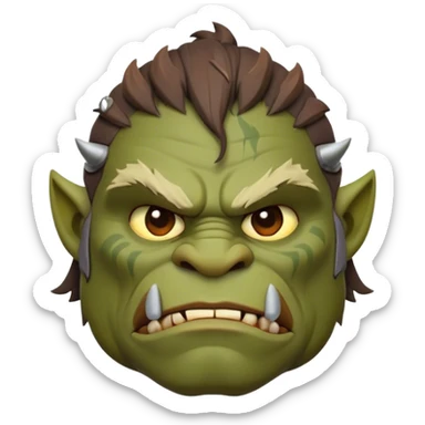 Cinematic Noble Ogre Portrait Emoji, Majestic and imposing, with a rugged, muscular form in deep earthy greens and browns, adorned with battle scars and subtle tribal markings, exuding calm, noble strength and unexpected wisdom, simplified yet strikingly detailed, glowing with a shadowy outline that captures the essence of a gentle giant with fierce heart! sticker