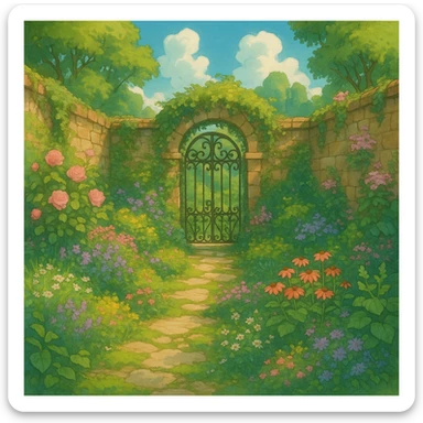 ghibli style walled garden, lush and magical sticker