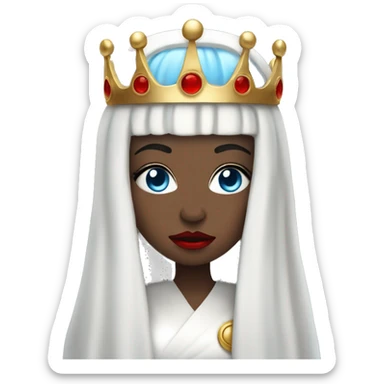 Queen with pale white skin, evil stare, icy blue eyes, bright red lips, long black hair, gold crown, and white robes. sticker