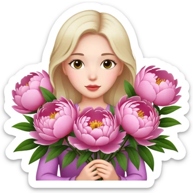 Upper body photo of a beautiful girl holding many peony flowers sticker