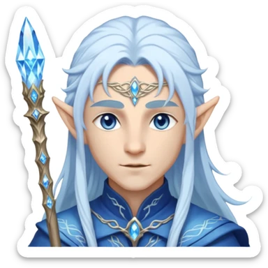 Legendary fantasy Christmas elf portrait icon, Santa Claus and Snow Maiden inspired, ancient winter spirit style, long flowing white-blue hair, glowing frost eyes, crystal staff, elegant elven features, divine winter magic aura, icy silver color palette, highly detailed but clean emoji icon male sticker