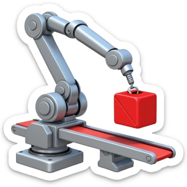 robot arm which is picking block on conveyor belt sticker