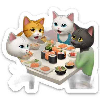 4 cats at a birthday party eating sushi sticker