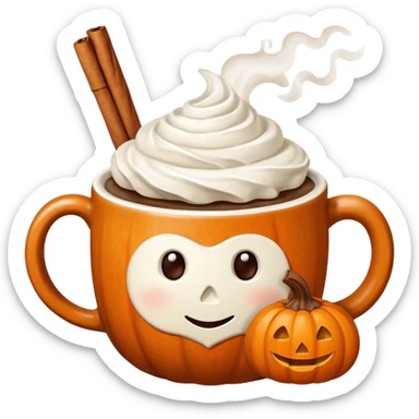 Steaming coffee Mug with whipped Cream and cinnamon Dust on Cream.  Small Punkin and 3 sticks of cinnamon next to mug sticker