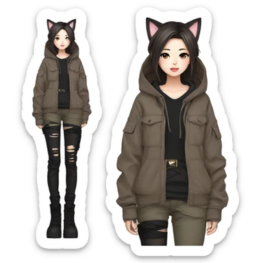 Edgy cool shy Asian urban beautiful pretty anime punk tomboy with cat ears techwear cargo pants hoodie brown hair collar  sticker