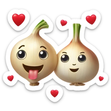 n emoji of a cute garlic clove and a smiling onion looking at each other with love. They have big, adorable eyes and rosy cheeks. Small red hearts float around them, and they appear to be blushing, creating a romantic and funny atmosphere. sticker