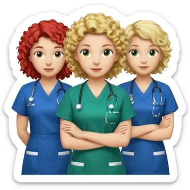 3 nurses: nurse 1 is wearing green work clothes, curly hair, middle european. nurse 2 is wearing blue work clothes, blond hair, scandinavic, nurse 3 is wearing white work clothes, red hair. they all stand in a classroom, "Academy" written in white on board sticker