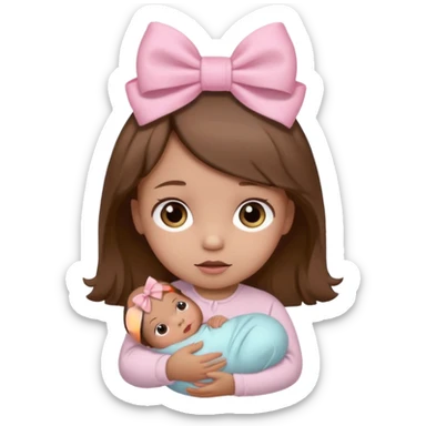 Newborn babygirl with brown hair and light pink bow on her head sticker