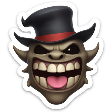 A demon with no jaw smiling, tongue dangling out, and with a neat little hat sticker
