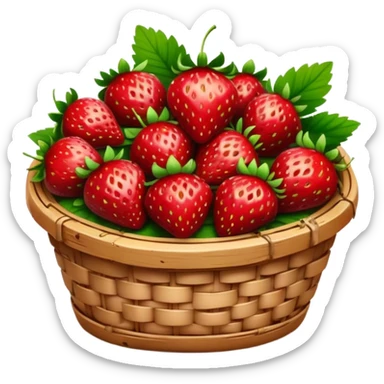Cinematic ripe strawberrie, deep red, glossy with tiny seeds, green leaves still attached, gathered in a rustic basket, warm glowing background, fresh and sweet. sticker