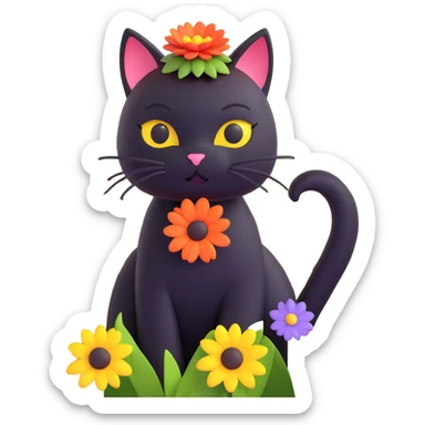 a black cat with a flower on its head in a field of flowers, vibrant colors sticker