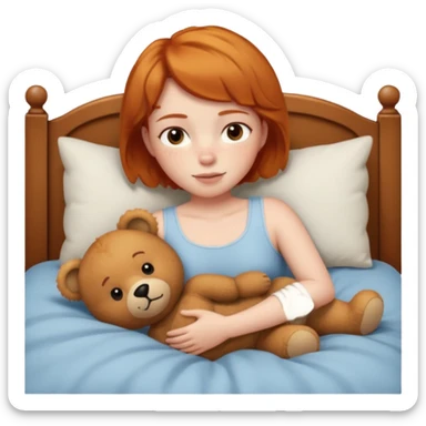 ginger woman short hair cuddle in bed with teddy sticker